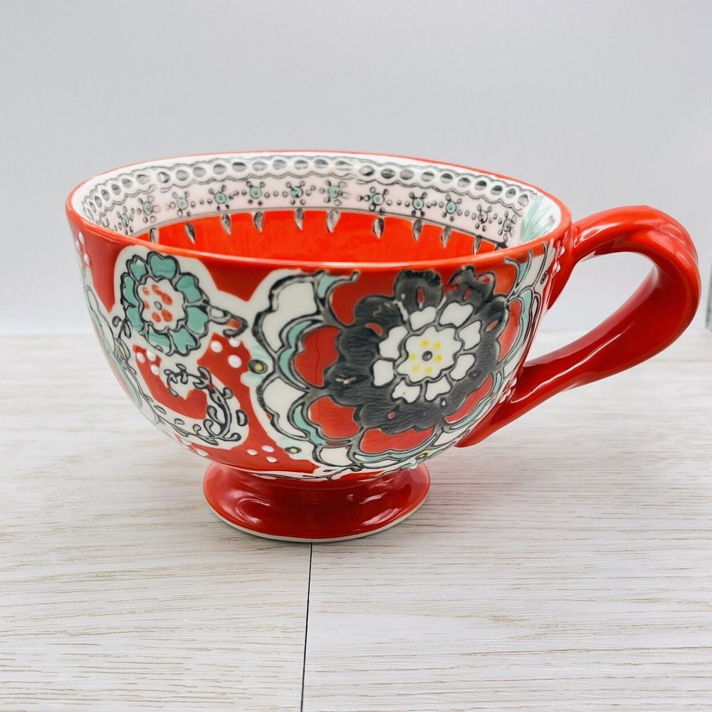 Anthropologie Elka Ayaka Boho Red Coffee Tea Cup Mug White Floral Twisted Handle